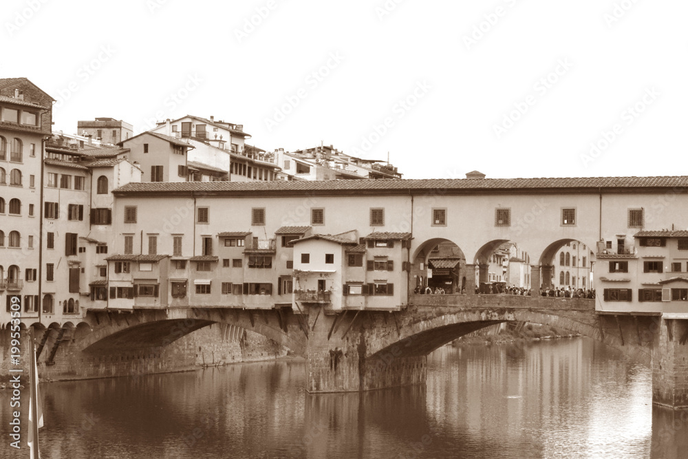 Ancient image of the Arno River and the Ponte Vecchio in Florence 001