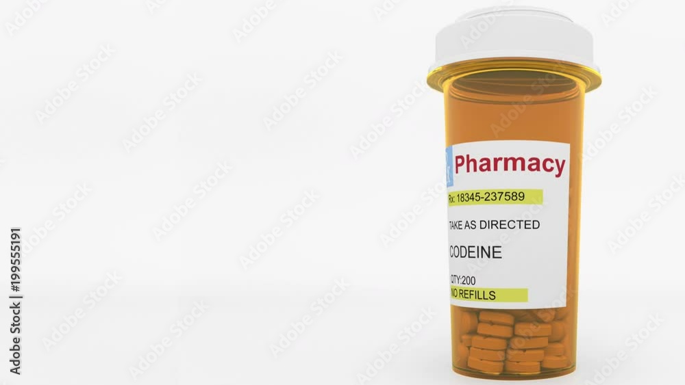 CODEINE generic drug pills in a prescription bottle. Conceptual 3D animation CODEINE generic drug pills in a prescription bottle. Conceptual 3D animation
