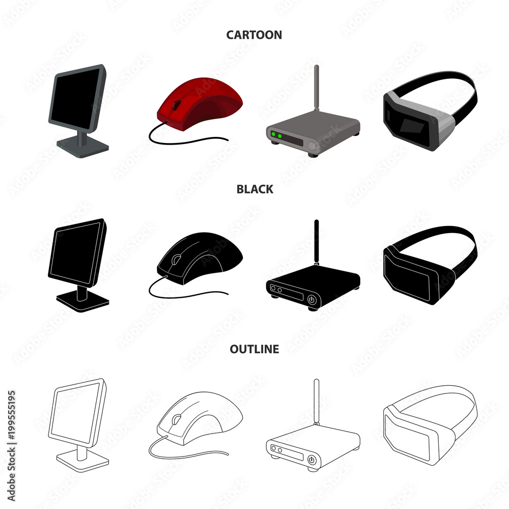 Monitor, mouse and other equipment. Personal computer set collection icons  in cartoon,black,outline style vector symbol stock illustration web. Stock  Vector | Adobe Stock