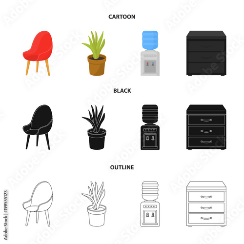 A red chair with a comfortable back, an aloe flower in a pot, an apparatus with clean water, a cabinet for office papers. Office Furniture set collection icons in cartoon,black,outline style vector