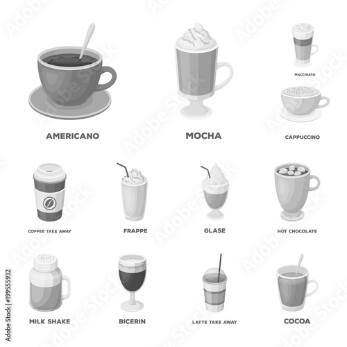 Different kinds of coffee monochrome icons in set collection for design. Coffee drink vector symbol stock web illustration.