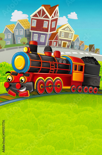 Cartoon funny looking steam train going through the city - illustration for children © honeyflavour