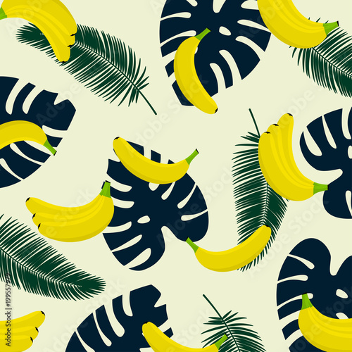 Banana with tropical lief background. Seamless pattern with tropical palm leaves and bananas