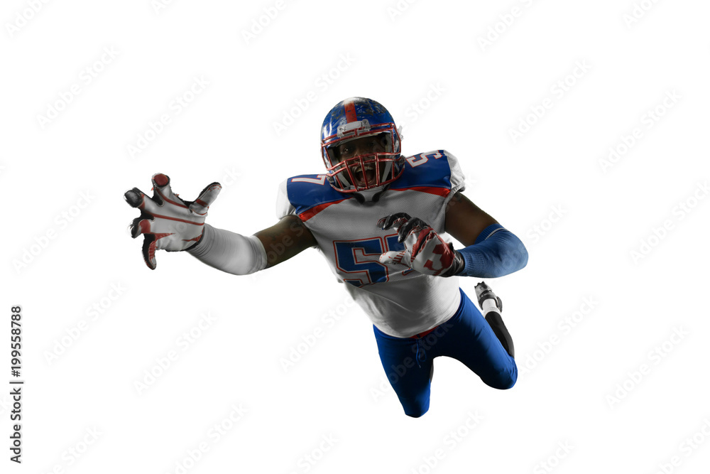 Isolated Black American football player jump and fly in white background