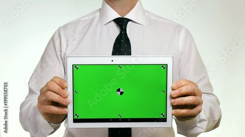 Man White Shirt Black Tie Showing Information Concept Tablet Green Screen