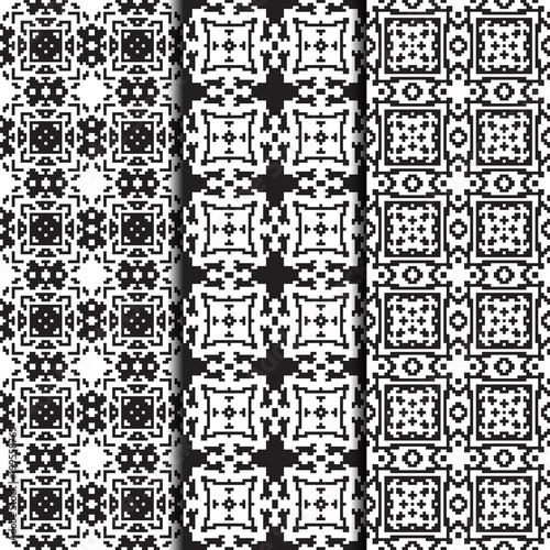 Set of 3 seamless patterns monochrome design. Pixel textile prints. Vector fashion backgrounds.