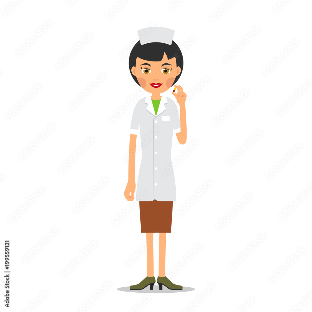 Nurse tablet in hand. Young female doctor holds medicine pill in her hand. Illustration isolated on white background in flat style Nurse tablet in hand. Young female doctor holds medicine pill in her hand. Illustration isolated on white background in flat style