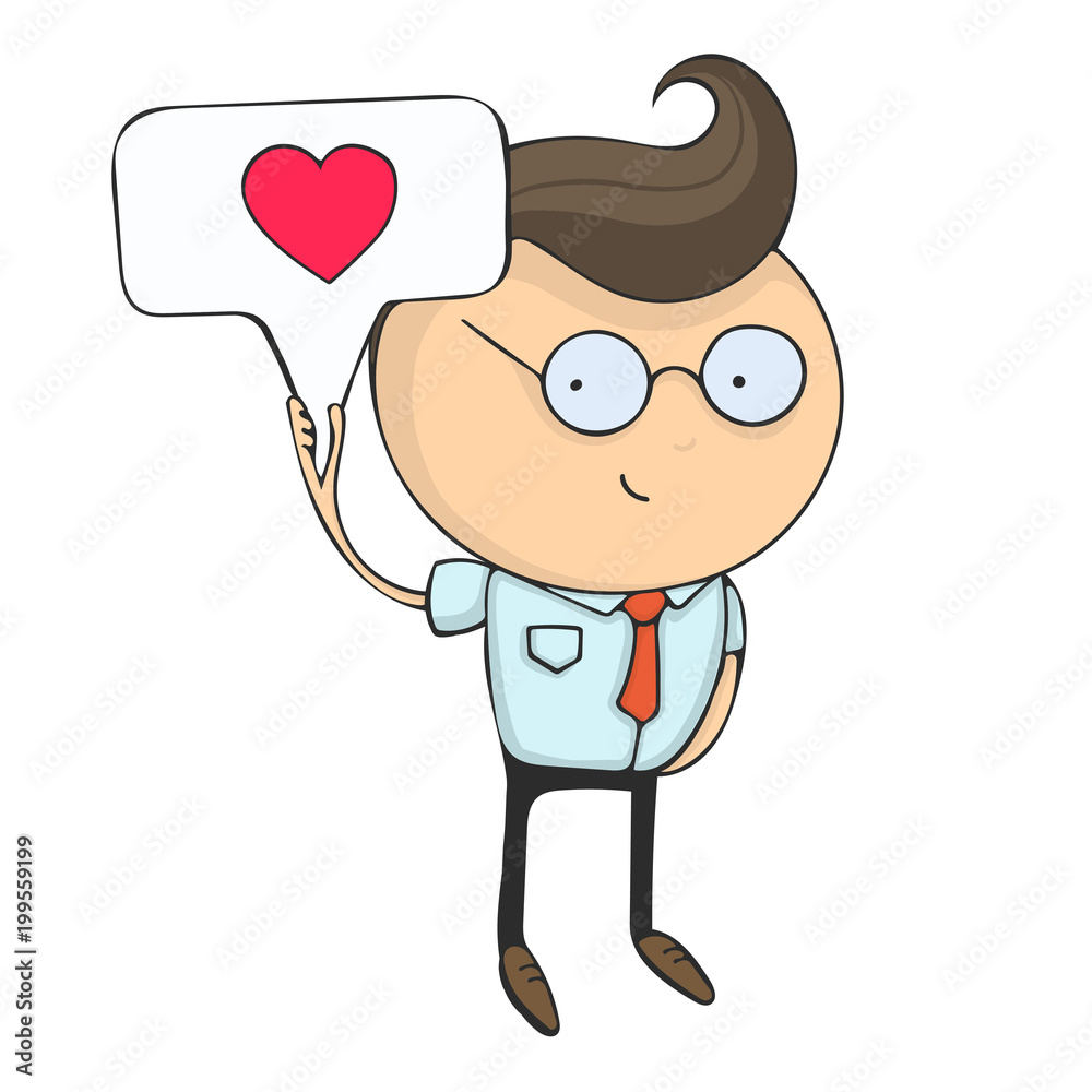 Hand drawn flat design colorful cartoon illustration. Art work or sticker with funny character. Young businessman or office manager holds a sign with a painted heart. Hand drawn flat design colorful cartoon illustration. Art work or sticker with funny character. Young businessman or office manager holds a sign with a painted heart.