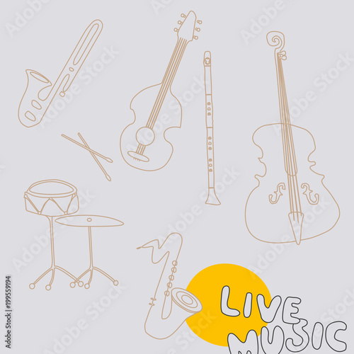 Set of music instruments vector illustration. Music background with violoncello, clarinet, guitar, trumpet, saxophone, drum and cymbal. Music festival poster