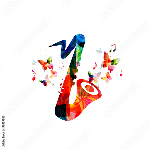 Music colorful background with saxophone. Music festival poster. Sax isolated vector illustration. Music instrument vector