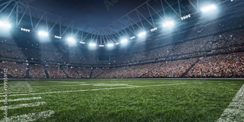 Dramatic 3D professional American football arena with green grass and rays of light © Alex