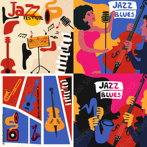 Set of colorful music cards and banners. Music cards with instruments flat vector illustration. Jazz music festival banners. Colorful jazz concert posters
