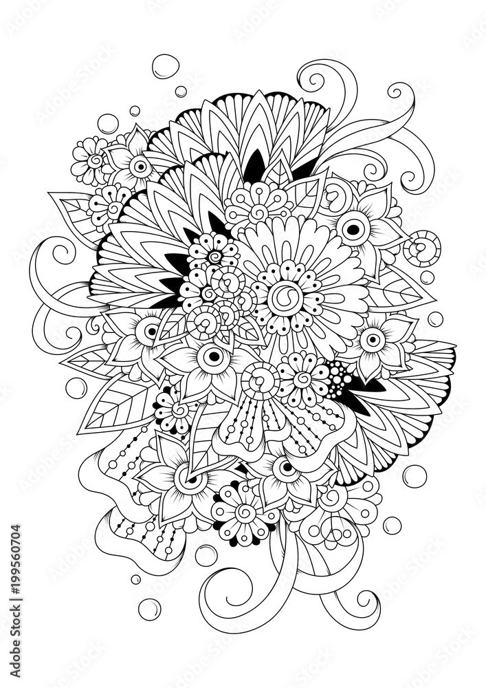 Obraz Hand drawn backdrop. Coloring book, page for adult and older children. Black and white abstract floral pattern. Vector illustration. Design for meditation.