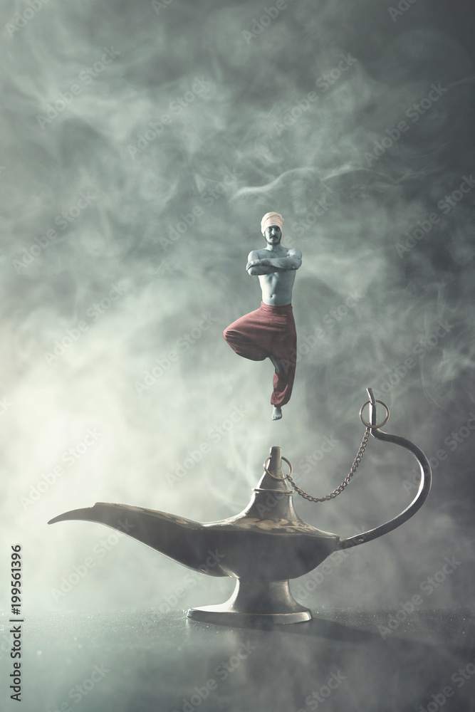 Genie coming out of a whishes lamp - obrazy, fototapety, plakaty 