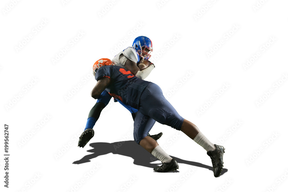 Isolated American football players fight for the ball in white background Isolated American football players fight for the ball in white background