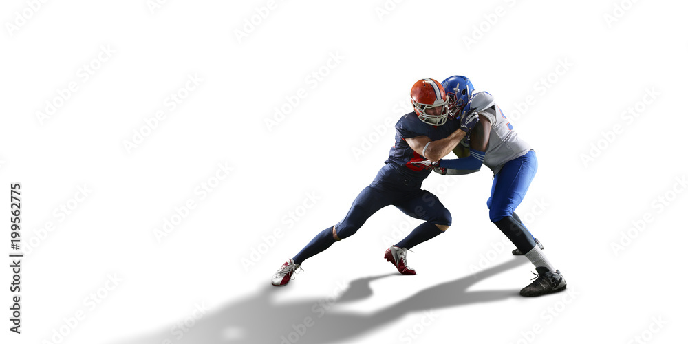 Isolated American football players fight for the ball in white background