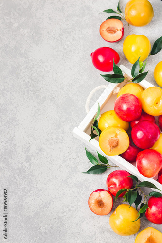 Ripe delicious yellow and red plums in white wooden box on concrete background. Top view  space for text.