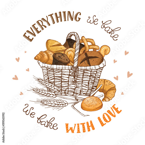 Bamboo basket full of bread and buns isolated on white background. Hand drawn bakery basket vector illustration with text. Everything we bake, we bake with love.