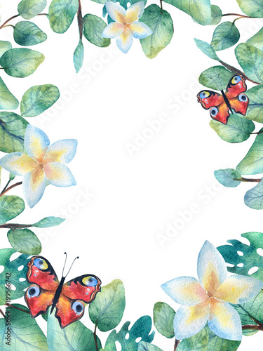 Watercolor green floral frame card with silver dollar eucalyptus round leaves.