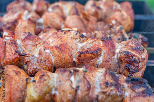 closeup of grilled meat on bbq outdoors.