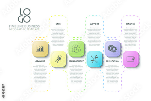 Vector business template with 6 steps, options or processes. Can be used for timeline, workflow, research, strategy.