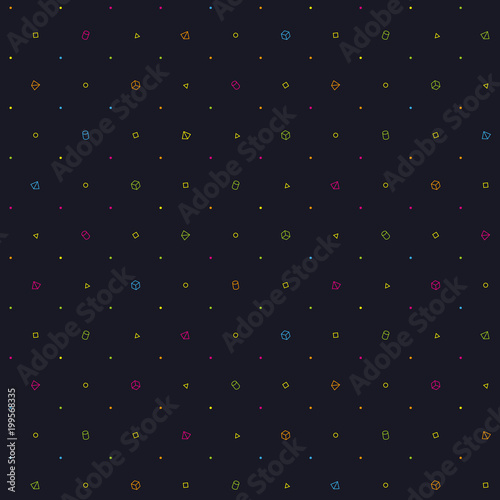 A beautifully made seamless simple geometric spacelike pattern with correctly positioned geometric shapes. Medium density. On a black background.