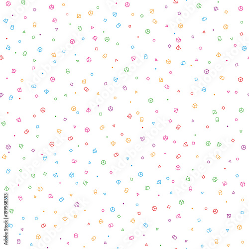 A beautifully made seamless simple geometric spacelike pattern with chaotically arranged geometric shapes. High density. On a white background