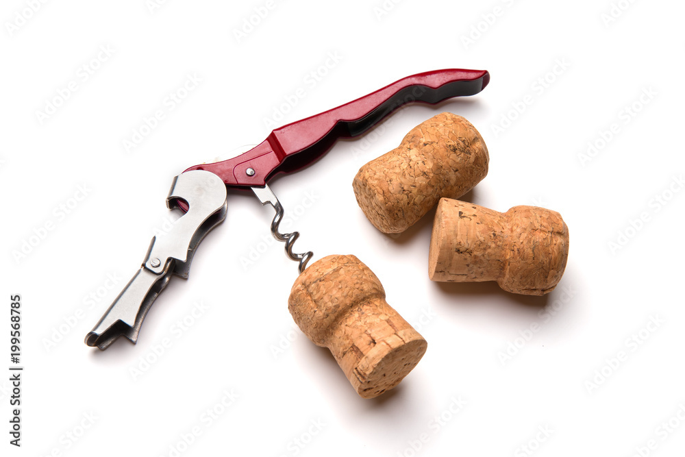 Corkscrew and wine corks isolated on white background