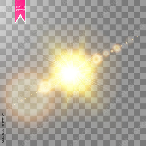 Lens flare effect isolated on transparent background. Golden glow flashlight illustration. Vector lights