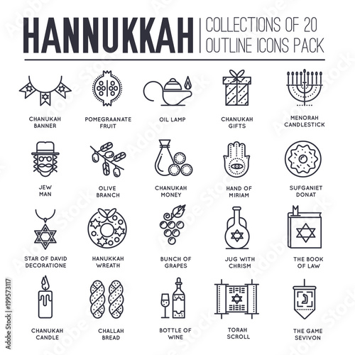 Happy hanukkah day thin line illustration background. Outline icons elements for holiday. Vector object jewish traditional on religion celebration. Israel greeting design