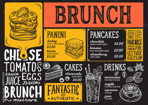 Brunch restaurant menu. Vector food flyer for bar and cafe. Design template with vintage hand-drawn illustrations.