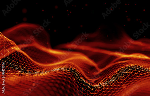 Abstract Futuristic 3d Render Illustration. Plexus polygonal background. Wireframe landscape concept. Dark sci-fi backdrop. Dots and lines connections. Space surface. Big data macro wireframe.