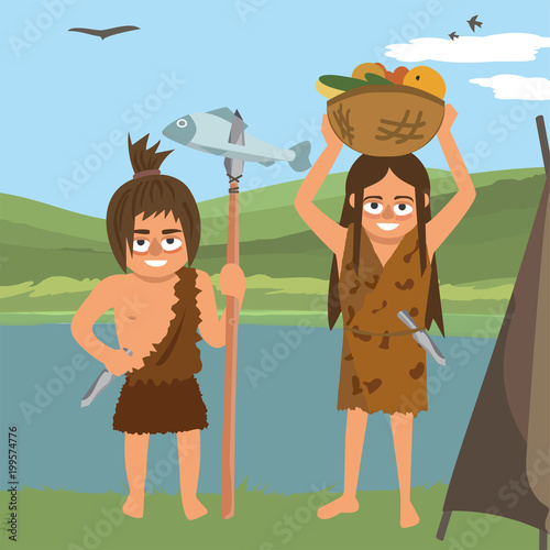 couple of primitives near hut vector illustration