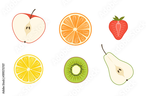 Flat simple vector halved fruit icons isolated on white background