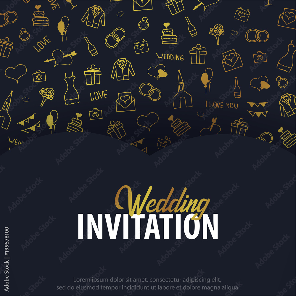 Fototapeta premium Wedding Invitation tamplate with doodle elements on a background. Save the date card. Vector illustration