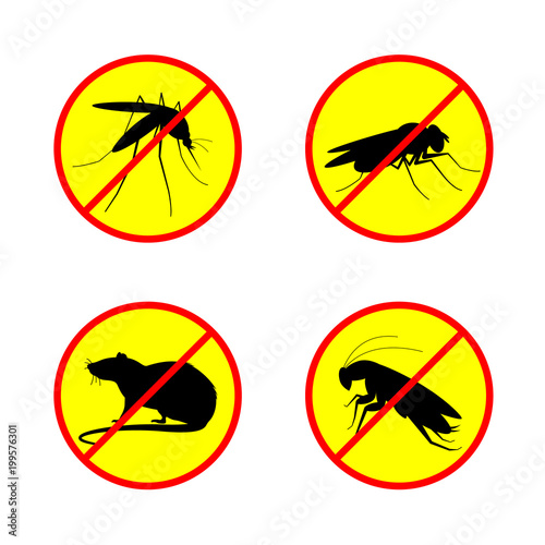 stop or no sign circle with rat mosquito cockroach and Fly Insect vector set design