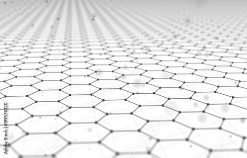 Futuristic Hexagon Pattern Abstract Background. 3d Render Illustration. Space surface. Light sci-fi backdrop. Dots and lines connections. Science and technology concept. Big data macro wireframe. © andisrea