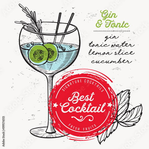 Cocktail gin and tonic for bar menu. Vector drink flyer for restaurant and cafe. Design poster with vintage hand-drawn illustrations.