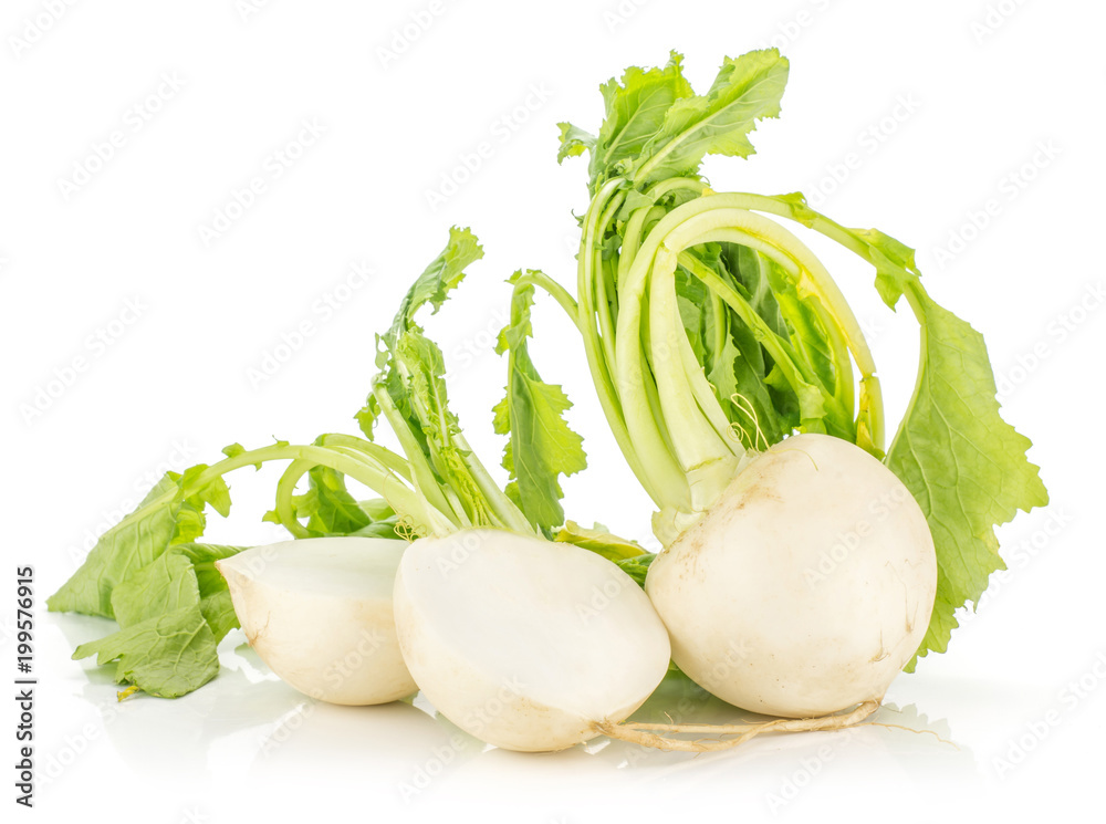 White radish bulbs with fresh leaves isolated on white background one whole and cut in two halves.