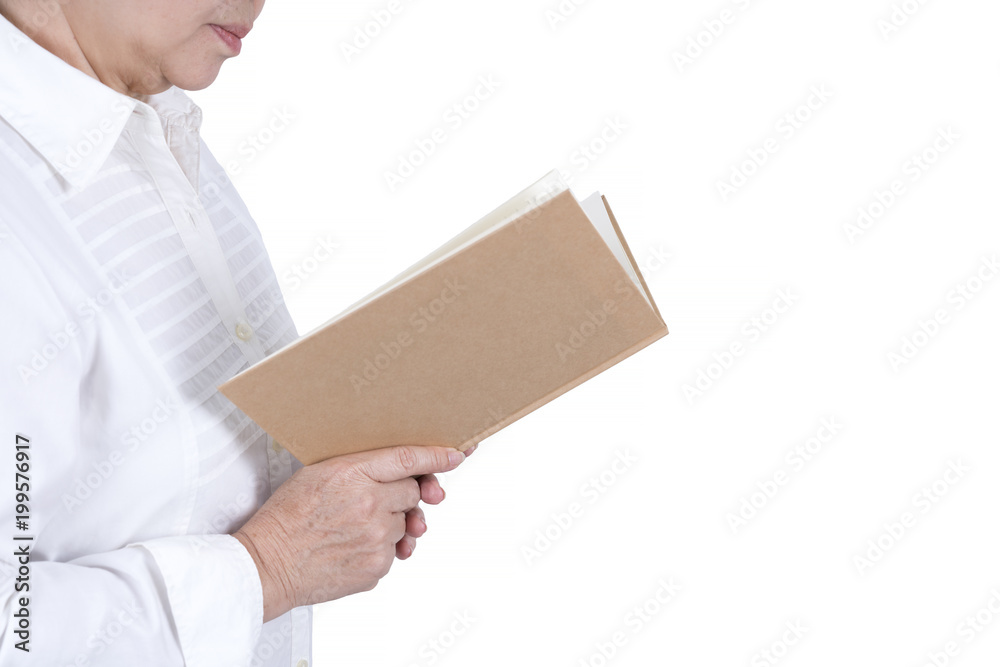 Asian Middle-aged woman in white shirt reading book isolated on white background Asian Middle-aged woman in white shirt reading book isolated on white background