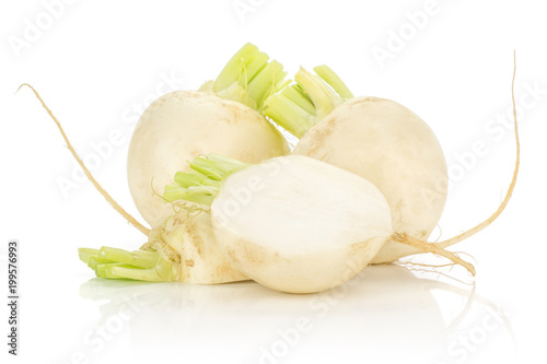 White radish set two bulbs and one half isolated on white background.