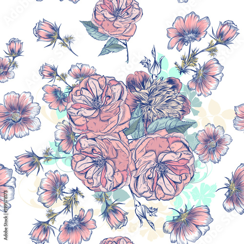 Beautiful pattern with hand drawn roses and cosmos flowers in engraved and watercolor style