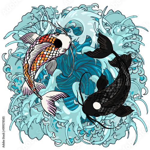 Realistic detailed hand drawn illustration of two koi carps swimming on background of water waves. Colorful graphic tattoo style image symbolising yin yang concept. T-shirt print.