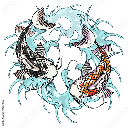 Realistic detailed hand drawn illustration of two koi carps swimming on background of water waves. Colorful graphic tattoo style image symbolising yin yang concept. T-shirt print.
