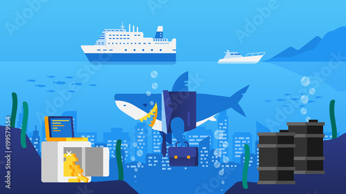 Business Shark in Ocean. City in Ocean. Safe with Gold Barrels of Oil. Tourist Ship and Yacht