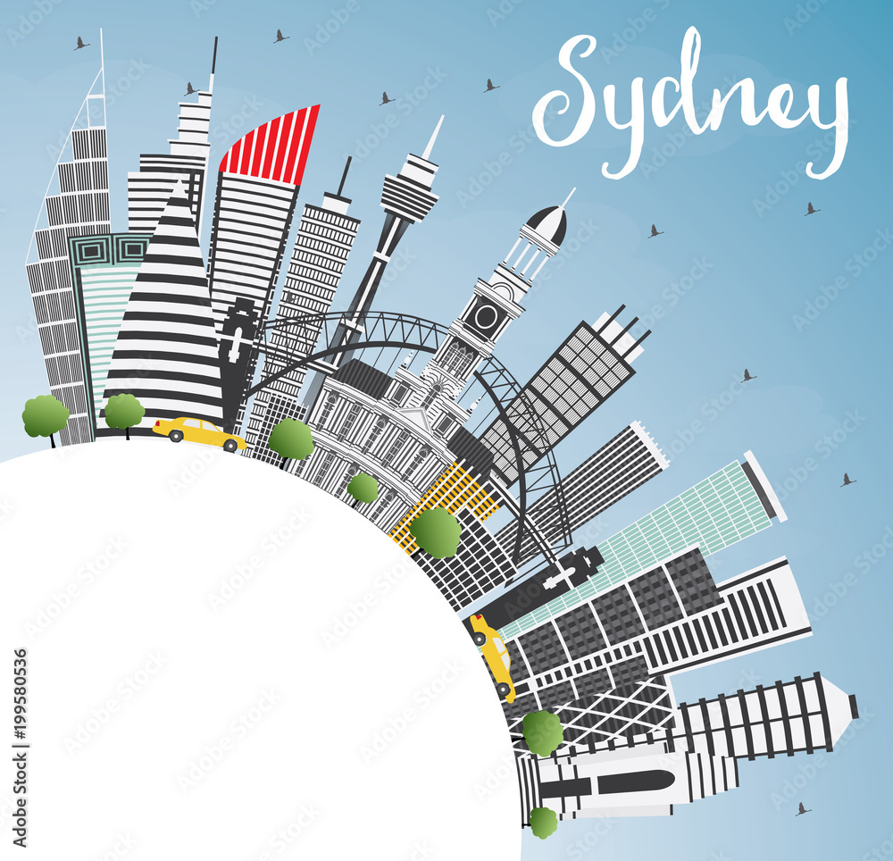 Outline Sydney Australia City Skyline with Blue Buildings and Copy Space.