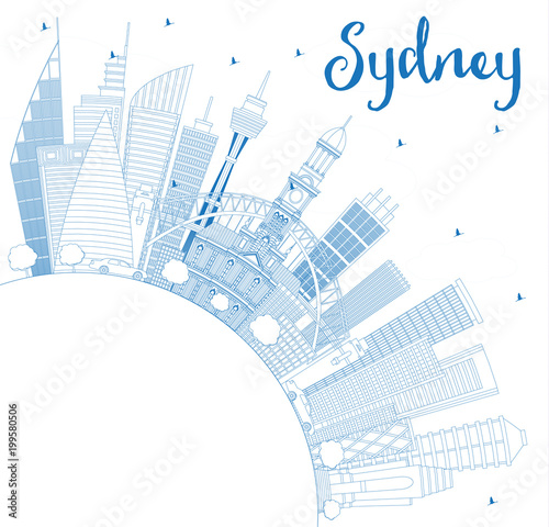 Outline Sydney Australia City Skyline with Blue Buildings and Copy Space.