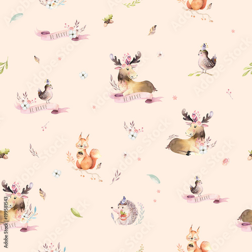 Watercolor seamless pattern of cute baby cartoon hedgehog, squirrel and moose animal for nursary, woodland forest illustration for children. Forest backgraund © kris_art