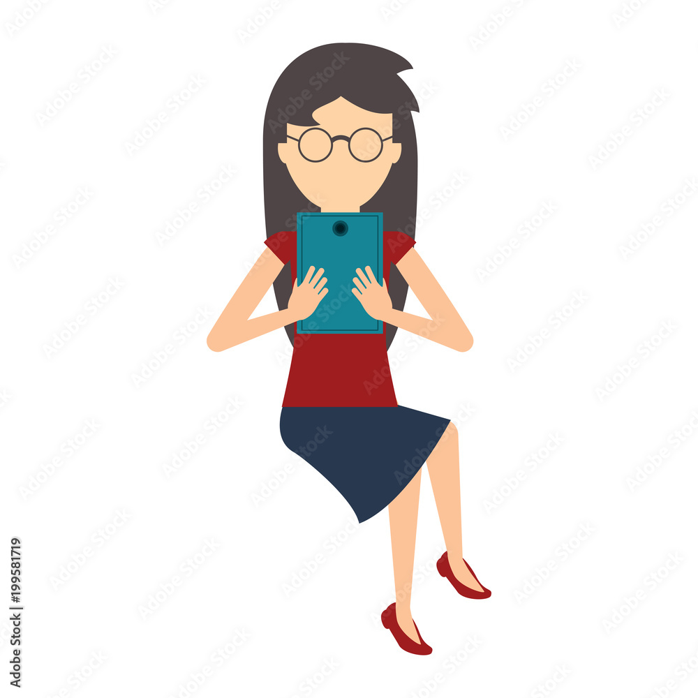 avatar woman sitting and using a tablet over white background, colorful design. vector illustration avatar woman sitting and using a tablet over white background, colorful design. vector illustration