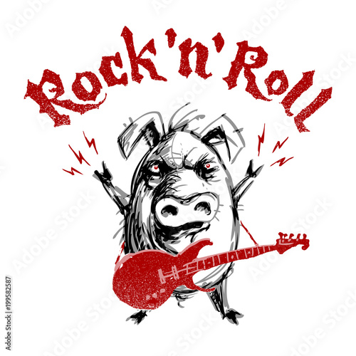 Rock and roll lettering with cartoon pig